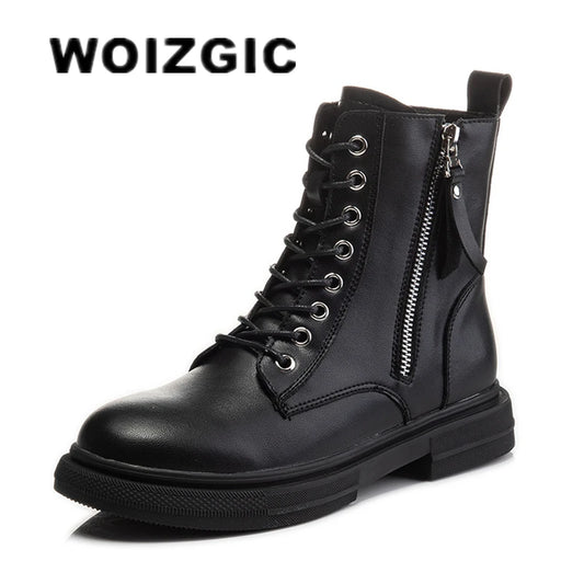 WOIZGIC Women's Ladies Genuine Leather Female Shoes Ankle Boots Platform Lace Up Warm Winter Autumn Fur Plush Motorcycle