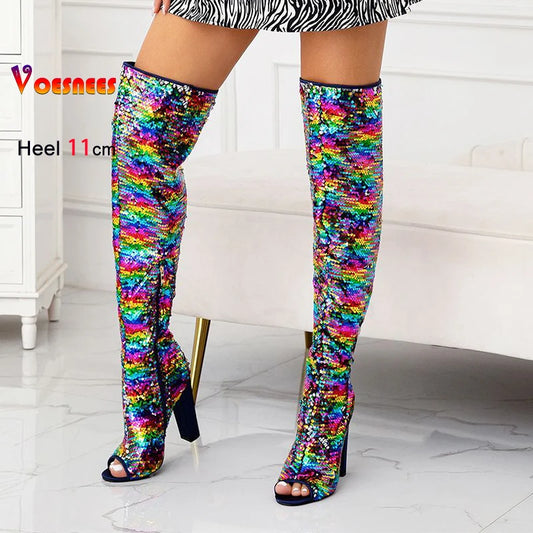 Sexy Thigh High Boots 11CM High Heels Nightclub Peep Toe Gladiator Women Shoes Over the knee Sequin Female Long Boots Size 36-43