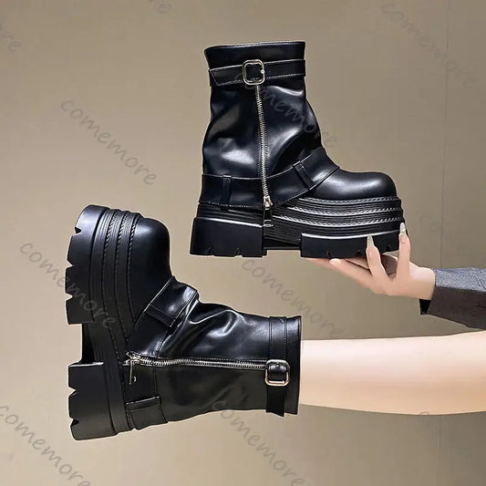 Comemore 10cm Height Increase Ankle Boots for Women Autumn Platform Punk Style Motorcycle Botines High Heel Western Botas Female